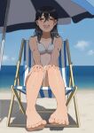  1girl :d barefoot beach beach_umbrella bikini black_hair blurry blurry_background chair closed_eyes day folding_chair long_hair mattaku_mousuke ocean open_mouth original outdoors shade sitting smile solo sweat swimsuit tan tanlines toes umbrella water watermark wet white_bikini 