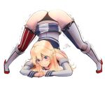  1girl @_@ absurdres american_flag_legwear asymmetrical_legwear black_panties blonde_hair blush closed_mouth eyebrows_visible_through_hair hair_between_eyes highres iowa_(kancolle) jack-o&#039;_challenge kantai_collection long_hair mismatched_legwear mmk panties rudder_footwear simple_background solo thigh-highs top-down_bottom-up underwear wavy_mouth white_background 