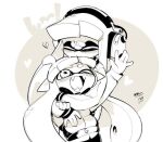 2girls closed_eyes fangs greyscale hand_up headphones heart hug hug_from_behind inkling kiss long_hair mojaranmo monochrome multiple_girls one_eye_closed open open_mouth pointy_ears simple_background splatoon_(series) white_background 