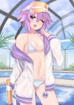  1girl bikini blush breasts collarbone commentary dura eyebrows_visible_through_hair hair_between_eyes hair_ornament highres looking_at_viewer navel neptune_(neptune_series) neptune_(series) purple_hair short_hair sitting small_breasts smile solo swimsuit violet_eyes water_gun wet wet_clothes 