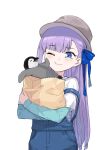  1girl bag bangs bird blue_eyes blue_ribbon blue_sleeves blush breasts coffeekite fate/extra fate/extra_ccc fate/grand_order fate_(series) hair_ribbon hat highres layered_clothing long_hair long_sleeves meltryllis_(fate) one_eye_closed overalls paper_bag penguin purple_hair ribbon shirt short_sleeves small_breasts smile very_long_hair white_shirt 