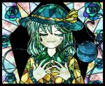  1girl black_border black_headwear blouse blue_flower blue_rose border buttons closed_eyes closed_mouth commentary crying diamond_button facing_viewer flower frilled_shirt_collar frilled_sleeves frills green_hair hands_on_own_chest hands_up hat hat_ribbon heart heart_of_string highres komeiji_koishi long_sleeves medium_hair ribbon rose sanae11247 shirt smile solo split_mouth stained_glass tears third_eye touhou upper_body yellow_ribbon yellow_shirt 