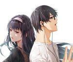  1boy 1girl aki_tomoya back-to-back bangs black_hair earphones earphones face from_side glasses grey_eyes hair_between_eyes hairband kasumigaoka_utaha long_hair looking_to_the_side nose open_mouth parted_lips red_eyes saenai_heroine_no_sodatekata shirt short_hair simple_background tight_(ohmygod) white_background white_hairband white_shirt 