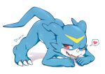  1boy bangs blue_skin claws colored_skin commentary_request digimon digimon_(creature) fang full_body furry furry_male heart highres horns jack-o&#039;_challenge meme open_mouth red_eyes shoru_(nion_bubble) simple_background single_horn solo spoken_heart spread_legs top-down_bottom-up veemon white_skin 