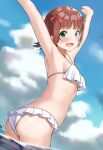  1girl :d absurdres amami_haruka armpits arms_up ass bangs bikini blue_sky blunt_bangs breasts brown_hair clouds commentary_request cowboy_shot day dutch_angle eyebrows_visible_through_hair frilled_bikini frills from_behind green_eyes hair_ribbon highres huge_filesize idolmaster idolmaster_(classic) looking_at_viewer looking_back open_mouth outdoors red_ribbon ribbon short_hair sideboob sky small_breasts smile solo swimsuit wading wanimaru water white_bikini 