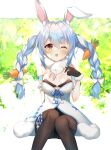  1girl absurdres animal_ear_fluff animal_ears arm_behind_back arm_support bangs black_bra black_gloves black_legwear blue_hair blue_ribbon blurry blurry_background blush bokeh bow bra braid breasts bunny-shaped_pupils carrot_hair_ornament commentary_request depth_of_field detached_sleeves don-chan_(usada_pekora) dress extra_ears eyebrows_visible_through_hair feet_out_of_frame food-themed_hair_ornament fur_trim gloves green_background hair_between_eyes hair_bow hair_ornament hair_ribbon hand_up highres hololive knees_together_feet_apart letterboxed long_hair looking_at_viewer multicolored_hair one_eye_closed open_mouth orange_eyes outdoors outside_border pantyhose pom_pom_(clothes) puffy_short_sleeves puffy_sleeves rabbit_ears rabbit_girl ribbon short_eyebrows short_sleeves sidelocks sitting small_breasts solo takuro_(taku3949) thick_eyebrows tress_ribbon twin_braids twintails two-tone_hair underwear upper_teeth usada_pekora virtual_youtuber white_bow white_dress white_hair 
