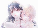  2girls bangs black_hair blonde_hair blue_eyes blush bug butterfly commentary_request dress eyelashes hug hug_from_behind insect jewelry lips long_hair multiple_girls necklace necktie original pale_skin parted_lips portrait red_eyes simple_background wedding_dress white_background wife_and_wife yumemitsuki125 yuri 