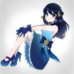  1girl absurdres bangs bare_arms black_hair blue_bow blue_dress blue_eyes blue_footwear blue_gloves bow breasts closed_mouth crescent crescent_hair_ornament hikari_(pokemon) dress full_body gloves gradient_dress hair_ornament high_heels highres long_hair looking_at_viewer pokemon pokemon_(anime) pokemon_swsh_(anime) sitting smile solo tayuta_(tayu_715) 