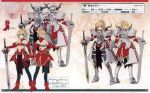  1girl absurdres armor artbook blonde_hair character_name character_profile character_sheet detached_sleeves fate/apocrypha fate_(series) full_armor high_heels highres horns konoe_ototsugu mordred_(fate) multiple_views official_art page_number scan sidelocks sword turnaround variations weapon 