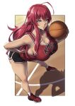  1girl absurdres ahoge ball bangs basketball basketball_uniform bent_over blue_eyes breasts eyebrows_visible_through_hair hair_between_eyes hand_on_hip high_school_dxd highres holding holding_ball large_breasts long_hair looking_at_viewer no_bra packge redhead rias_gremory smile solo sportswear standing very_long_hair 