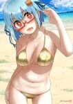  1girl beach bikini blue_hair blue_sky breasts clouds collarbone commentary_request day food-themed_hair_ornament gold_bikini hair_ornament hamburger-chan_(hundredburger) highres large_breasts looking_at_viewer mu-pyon navel ocean open_mouth original red-framed_eyewear red_eyes sand semi-rimless_eyewear short_hair sky solo swimsuit twitter_username under-rim_eyewear 