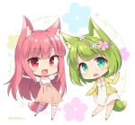  2girls :d animal_ears blush bob_cut chibi flower fox_ears fox_tail green_eyes green_fox_(sasaame) green_hair hair_flower hair_ornament hand_up head_wreath jacket long_sleeves looking_at_viewer medium_hair multiple_girls open_mouth original outstretched_arms pink_fox_(sasaame) pink_hair pink_legwear red_eyes sasaame shirt skirt smile socks spread_arms striped striped_legwear tail thigh-highs twitter_username white_shirt yellow_jacket yellow_legwear 