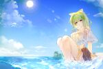  1girl animal_ear_fluff animal_ears arknights bare_legs black_skirt blue_sky breasts candy casual cat_ears chinese_commentary clouds commentary_request crop_top day food food_in_mouth green_eyes green_hair highres horizon kal&#039;tsit_(arknights) large_breasts lollipop medium_hair noriya ocean off-shoulder_shirt off_shoulder outdoors shirt skirt sky soaking_feet solo sun thigh_strap water white_shirt 