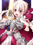  1girl armor armored_dress artoria_pendragon_(fate) bangs breasts cosplay excalibur_(fate/stay_night) fate/kaleid_liner_prisma_illya fate_(series) illyasviel_von_einzbern long_hair looking_at_viewer mochi_(k620803n) open_mouth red_eyes saber saber_(cosplay) solo sword weapon white_hair 