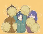  ... 1girl 2boys ^^^ androgynous anger_vein arms_up bangs black_hair blue_hair blush braid brown_hair closed_eyes commentary_request covered_face covered_mouth genshin_impact gradient_hair headband highres long_sleeves misoshiru_umai4 multicolored_hair multiple_boys orange_hair pom_pom_(cheerleading) purple_hair raiden_shogun short_hair_with_long_locks sidelocks speech_bubble tassel track_suit translation_request twin_braids venti_(genshin_impact) violet_eyes yellow_background zhongli_(genshin_impact) 