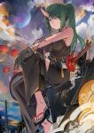  1girl absurdres arknights belt black_gloves black_pants black_shirt closed_mouth clouds commentary eyebrows_visible_through_hair full_body gloves green_hair hand_on_own_arm highres horns hoshiguma_(arknights) huge_filesize jumbowhopper katana lantern light_smile long_hair mask mask_removed moon night night_sky oni_horns oni_mask pants paper_lantern ponytail power_lines sandals scar_on_arm shirt single_glove single_horn sitting sky solo sword utility_pole weapon yellow_eyes 