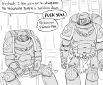  2boys adeptus_astartes armor bb_(baalbuddy) english_commentary english_text facing_another greyscale helmet highres locker locker_room loincloth monochrome multiple_boys power_armor sitting skull_ornament speech_bubble warhammer_40k 