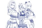  3girls artist_name astraea_(atelierastraea) belt bow braid breasts cleavage_cutout clothing_cutout copyright crossed_legs crown_braid detached_sleeves double_bun dress fingerless_gloves flat_chest gloves greyscale hair_bow hololive huge_breasts large_breasts meme monochrome multiple_girls partially_fingerless_gloves pixiv_id ponytail pouch servants_holding_aphrodite&#039;s_breasts_(meme) shaded_face shirogane_noel short_dress shuumatsu_no_valkyrie signature sitting stool uruha_rushia vambraces 