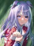  1girl animal_ears blush commentary_request highres holding_hands horse_ears horse_girl jacket jersey light_purple_hair long_hair long_sleeves looking_at_viewer meikyousisui731 mejiro_mcqueen_(umamusume) out_of_frame pov rain red_shirt shirt tearing_up tears track_jacket track_suit umamusume violet_eyes 