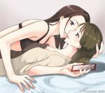  2girls artist_name beige_sweater black_bra blue_eyes blush bra brown_hair cellphone commentary_request eye_contact girl_on_top green_hair imminent_kiss lips long_hair looking_at_another lying multiple_girls nail_polish nakagawa_yousuke on_back on_bed open_clothes original phone smartphone underwear violet_eyes yuri 