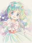  1girl agahari bow commentary_request copyright_request dress gloves green_eyes green_hair highres holding holding_microphone horns looking_at_viewer microphone open_mouth pink_bow short_hair smile solo traditional_media white_dress white_gloves 