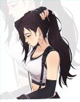  1girl adjusting_hair black_gloves black_hair black_sports_bra breasts closed_mouth collarbone commentary crop_top dangle_earrings earrings elbow_gloves english_commentary final_fantasy final_fantasy_vii final_fantasy_vii_remake fingerless_gloves from_side gloves jewelry large_breasts long_hair looking_down midriff perlmuttt ponytail red_eyes solo sparkle sports_bra suspenders tank_top tifa_lockhart upper_body 