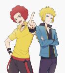  2boys :d afro black_choker black_shirt blonde_hair blue_eyes blue_jacket choker closed_mouth collared_shirt commentary_request crossed_arms flint_(pokemon) hand_on_hip jacket kurochiroko long_sleeves male_focus multiple_boys open_clothes open_jacket open_mouth pants pointing pokemon pokemon_(game) pokemon_dppt redhead shirt smile spiky_hair tongue upper_teeth volkner_(pokemon) yellow_shirt 