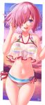  1girl artist_name bangs bikini clouds cloudy_sky commentary cowboy_shot crop_top fate/grand_order fate_(series) hair_over_one_eye halterneck hand_in_hair highres horizon looking_at_viewer mash_kyrielight multicolored multicolored_stripes navel ocean open_mouth outside_border pink_hair see-through short_hair side-tie_bikini signature sky smile solo standing striped striped_bikini swimsuit swimsuit_of_perpetual_summer_ver.02 thigh_gap twilight violet_eyes yuito_(yuitokobunasbs0) 
