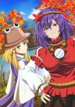  2girls autumn_leaves bangs blue_sky breasts brown_headwear closed_mouth clouds grin hair_ornament hand_on_hip highres layered_sleeves leaf_hair_ornament long_sleeves looking_at_viewer mirror moriya_suwako mountain multiple_girls murasaki_tsutsuji outdoors purple_hair purple_nails purple_skirt purple_vest red_eyes red_shirt rope shirt short_hair short_over_long_sleeves short_sleeves sidelocks skirt sky smile standing touhou tree vest white_shirt wide_sleeves yasaka_kanako yellow_eyes 