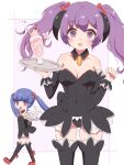  2girls angel_mort black_legwear black_leotard blue_hair blush border bow detached_collar eyebrows_visible_through_hair furude_rika hair_bow hanyuu highres higurashi_no_naku_koro_ni holding holding_plate holding_tray horns ikuzuk leotard multiple_girls parfait plate purple_background red_bow red_footwear solo_focus strapless strapless_leotard thigh-highs tray twintails violet_eyes waitress walking white_border 