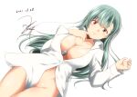  1girl bottomless breasts dog_tags dress_shirt green_hair grey_eyes hair_ornament hairclip kantai_collection large_breasts long_hair long_sleeves lying naked_shirt navel on_back shirt solo suzuya_(kancolle) white_shirt yua_(checkmate) 