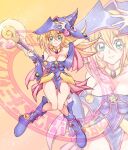  1girl bare_shoulders blonde_hair blue_dress blush_stickers boots closed_mouth commentary_request dark_magician_girl dress duel_monster floating full_body green_hair hand_on_headwear hat highres holding holding_staff long_hair looking_at_viewer magic_circle nerunerunerune_(artist) smile staff vambraces wizard_hat yu-gi-oh! 
