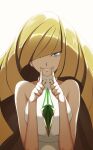  1girl blonde_hair breasts dress evil fingers_to_mouth green_eyes grin highres jewelry long_hair looking_at_viewer lusamine_(pokemon) medium_breasts pokemon pokemon_(game) pokemon_sm shiny shiny_hair simple_background smile solo vivivoovoo white_dress 