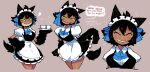  1girl absurdres alternate_costume animal_ears animal_hands apron black_dress blue_bow blue_neckwear blush_stickers bow bowtie claws cup dark-skinned_female dark_skin dress english_text enmaided facing_viewer grey_background grin hand_on_hip highres holding holding_tray looking_at_viewer maid maid_headdress monster_girl multiple_views notice_lines original rariatto_(ganguri) rudy_(rariatto) sharp_teeth simple_background skirt_hold smile tail teeth translation_request tray waist_apron white_apron wolf_ears wolf_tail yellow_eyes 