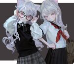  2girls animal_ears bag black_skirt cat_ears collared_shirt cowboy_shot fkey glasses grey_ribbon highres long_sleeves looking_at_viewer multiple_girls neck_ribbon neckerchief original pink_eyes pleated_skirt red_neckwear ribbon sailor_collar school_bag school_uniform shirt signature silver_hair skirt sweater_vest two-tone_background wavy_hair 