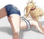  ass bandeau blonde_hair blue_shorts braid breasts cutoffs denim denim_shorts fate/apocrypha fate_(series) french_braid green_eyes hair_ornament hair_scrunchie highres jack-o&#039;_challenge long_hair mordred_(fate) mordred_(fate/apocrypha) profile red_scrunchie scrunchie short_shorts shorts small_breasts tonee top-down_bottom-up 