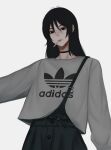  1girl adidas arm_up black_hair black_neckwear buttons cigarette eyebrows eyebrows_visible_through_hair green_pants grey_shirt highres lips looking_at_viewer neckwear original overalls pants shirt simple_background white_background zaki_(zaki_btw) 