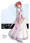  1girl alternate_costume anna_(fire_emblem) artist_name backless_dress backless_outfit bare_shoulders bow bride bride_(fire_emblem) character_name choker cm_lynarc commentary detached_sleeves dress english_commentary feather_trim fire_emblem fire_emblem_heroes flower full_body hair_flower hair_ornament high_heels index_finger_raised long_dress looking_at_viewer official_alternate_costume pink_bow pink_flower ponytail red_eyes redhead short_hair side_ponytail sidelocks signature skirt_hold sleeveless sleeveless_dress smile solo strapless strapless_dress teeth wedding_dress white_dress white_footwear white_sleeves 