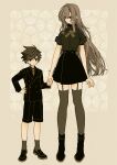  1boy 1girl bangs black_footwear black_hair black_jacket black_legwear black_shorts black_skirt blush boots brown_hair brown_neckwear full_body height_difference highres holding_hands jacket keishin long_hair long_sleeves looking_at_viewer necktie original short_hair shorts skirt standing thigh-highs very_long_hair 