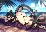  1girl ahoge alternate_costume arknights artist_name bangs beach commentary crescentia_fortuna crocodilian_tail english_commentary from_behind gavial_(arknights) green_hair high_heels long_tail looking_at_viewer lying on_stomach skindentation solo swimsuit tail top-down_bottom-up yellow_eyes 