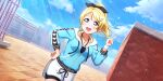  ayase_eli blonde_hair blue_eyes blush dress long_hair love_live!_school_idol_festival_all_stars ponytail smile 