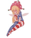  1girl @_@ absurdres american_flag_dress american_flag_legwear blonde_hair blush_stickers clownpiece doro_au fairy_wings full_body hat highres jester_cap long_hair neck_ruff pantyhose pink_eyes pink_headwear polka_dot short_sleeves simple_background sitting solo star_(symbol) star_print striped touhou very_long_hair white_background wings 