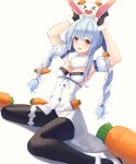  1girl :d absurdres animal_ears armpits arms_up black_gloves black_legwear blue_hair breasts carrot_hair_ornament coat detached_sleeves food-themed_hair_ornament fur_collar fur_trim gloves hair_ornament highres hololive huge_filesize long_hair looking_at_viewer mela_(rbw1s) multicolored_hair open_mouth pantyhose rabbit_ears red_eyes sitting sleeveless_coat small_breasts smile solo thick_eyebrows twintails two-tone_hair usada_pekora virtual_youtuber wariza white_background white_coat 