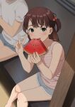  1girl brown_eyes brown_hair eating food food-themed_hair_ornament fruit hair_ornament holding holding_food mattaku_mousuke original shirt short_shorts shorts sitting striped striped_shirt tank_top tongue tongue_out two_side_up v watermark watermelon watermelon_hair_ornament watermelon_slice 