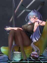  1girl absurdly_long_hair animal_ears arm_strap artist_name ass azur_lane banana black_footwear black_legwear black_leotard bodystocking bottle breasts center_opening fake_animal_ears food fruit full_body hair_between_eyes high_heels highres holding holding_bottle hoyuring large_breasts leotard long_hair looking_at_viewer manjuu_(azur_lane) new_jersey_(azur_lane) new_jersey_(exhilarating_steps!)_(azur_lane) official_alternate_costume oversized_breast_cup playboy_bunny purple_hair rabbit_ears skin_tight solo very_long_hair violet_eyes 