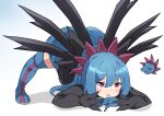  1girl bangs blue_footwear blue_gloves blue_hair blue_skirt blush boots chibi chibi_inset commentary_request gen_5_pokemon gloves hair_between_eyes hair_ornament hydreigon jack-o&#039;_challenge long_hair maks_(makusu_210) open_mouth personification pokemon shiny shiny_hair skirt thigh-highs thigh_boots tongue violet_eyes 