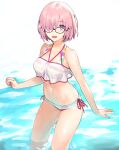  1girl alternate_costume bikini black-framed_eyewear breasts collarbone commentary_request fate/grand_order fate_(series) ginka_sima glasses hair_over_one_eye highres in_water light_purple_hair looking_at_viewer mash_kyrielight medium_breasts multicolored multicolored_bikini multicolored_clothes multicolored_swimsuit navel official_alternate_costume one_eye_covered open_mouth see-through short_hair smile solo striped striped_bikini swimsuit swimsuit_of_perpetual_summer_ver.02 violet_eyes water wet 