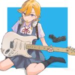  1girl bangs black_legwear blonde_hair blue_background blue_dress closed_mouth commentary dress electric_guitar full_body guitar hair_between_eyes headphones headphones_around_neck highres holding holding_instrument instrument irenji long_hair looking_at_viewer love_live! love_live!_superstar!! pinafore_dress plectrum plectrum_in_mouth shibuya_kanon shirt shoes shoes_removed short_sleeves sitting socks solo two-tone_background violet_eyes wariza white_background white_shirt 