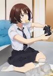  1girl artist_name brown_hair chips controller food food_in_mouth game_controller indoors mattaku_mousuke mouth_hold necktie playing_games potato_chips school_uniform short_hair sitting solo sweatdrop wariza watermark 