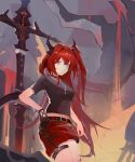  absurdres arknights belt chest_strap crop_top demon_girl demon_horns highres horns molten_rock red_shorts redhead shorts slit_pupils surtr_(arknights) surtr_(liberte_echec)_(arknights) 